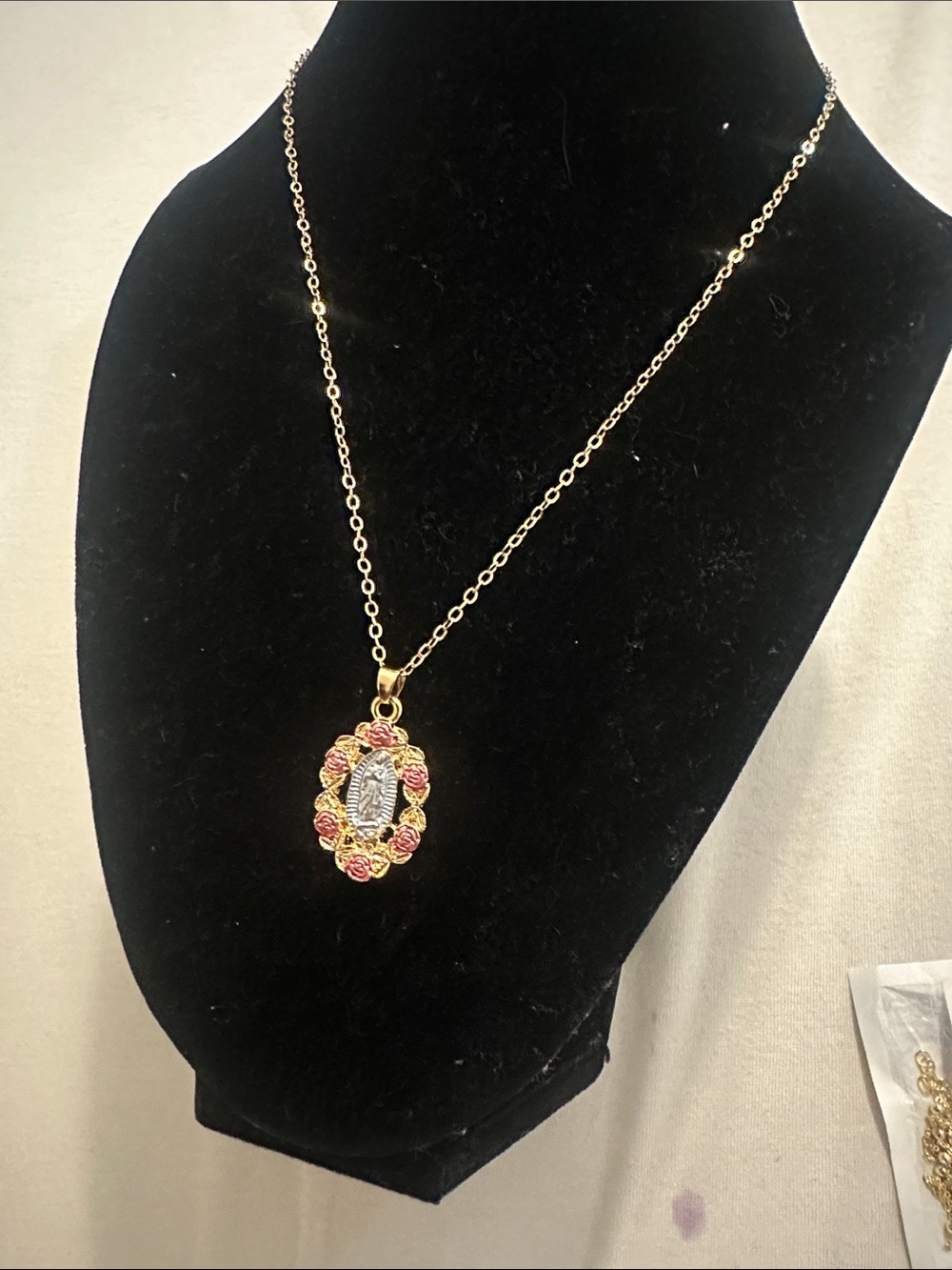 Gold-Tone Pendant Necklace with Pink Rose Accents Virgin Mary